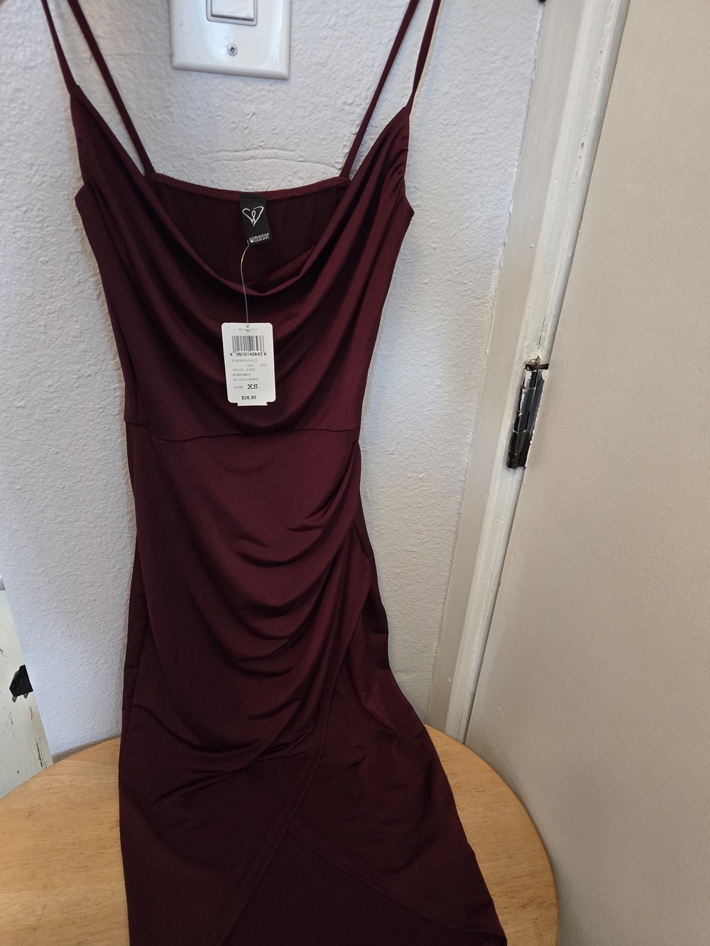 Spaghetti Strap Cowl Neck Midi Dress in Deep Burgundy